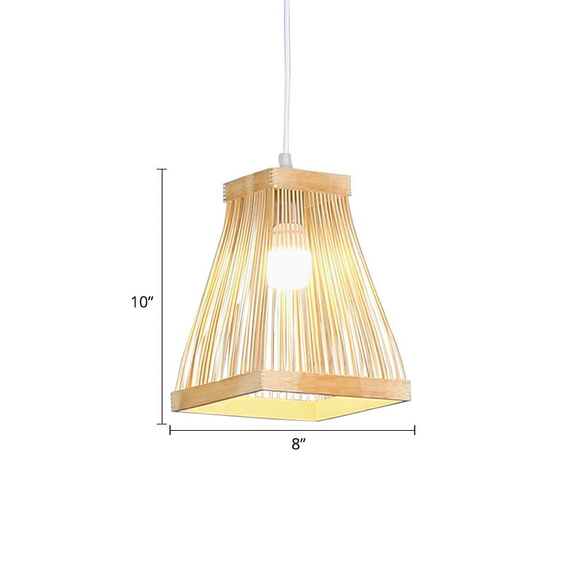 Nordic Style Bamboo Bedside Pendant Lamp With Wood Accents - Trapezoid Shape 1 Bulb