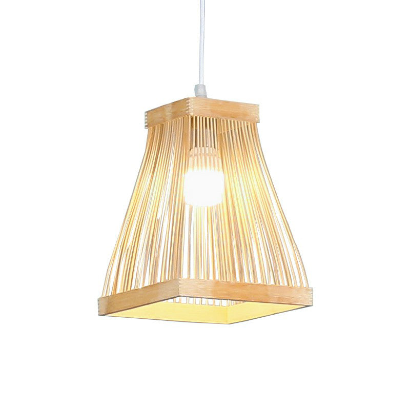 Nordic Style Trapezoid Bamboo Bedside Pendant Lamp - Wood Finish, 1 Bulb