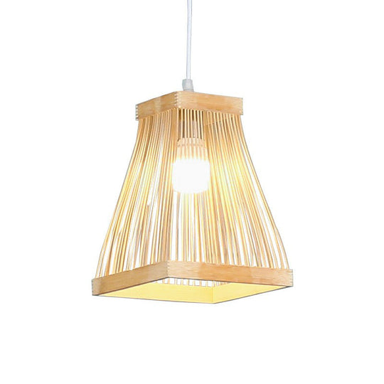 Nordic Style Trapezoid Bamboo Bedside Pendant Lamp - Wood Finish, 1 Bulb