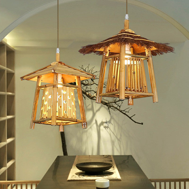 Japanese Pavilion Pendant Bamboo 1-Light Ceiling Light for Tea Room
