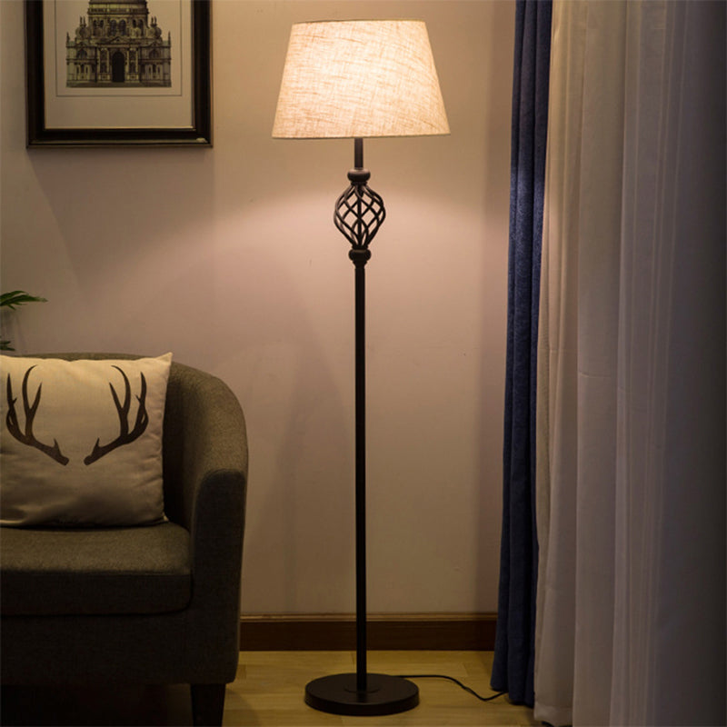 Retro Empire Shade Floor Lamp - Single-Bulb Fabric Standing Light In Black Foot Switch Included