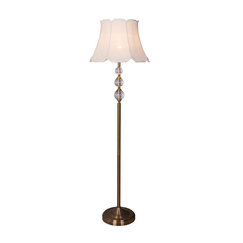 Rustic Fabric Floor Lamp With Crystal Ball Accent - White Lighting Scallop Bell Shade 1 Bulb Stand