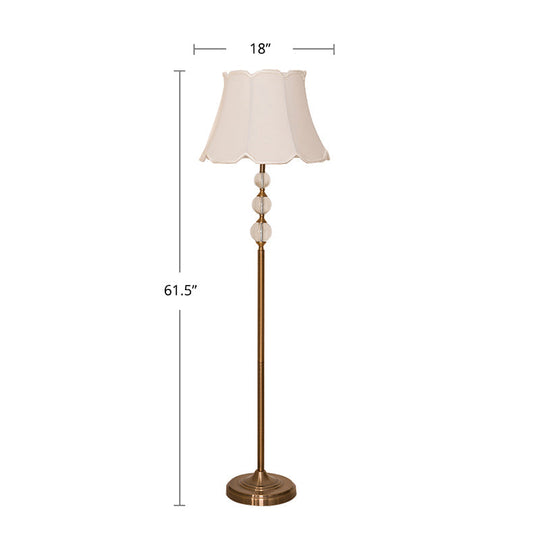 Rustic Fabric Floor Lamp With Crystal Ball Accent - White Lighting Scallop Bell Shade 1 Bulb Stand