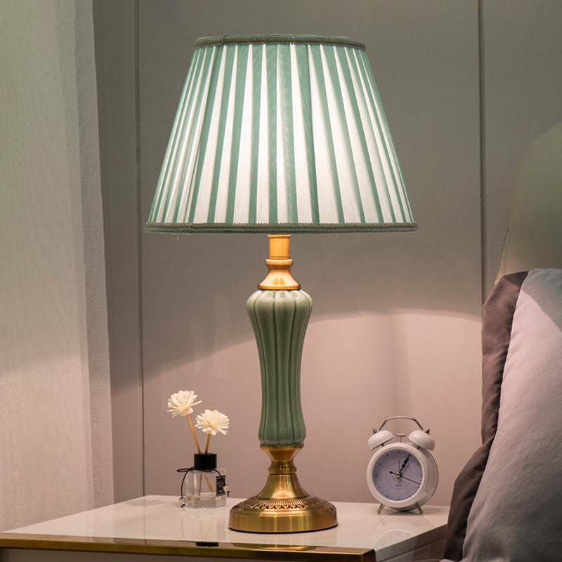 Modern 1-Bulb Green Nightstand Lamp With Empire Shade And Fabric Border