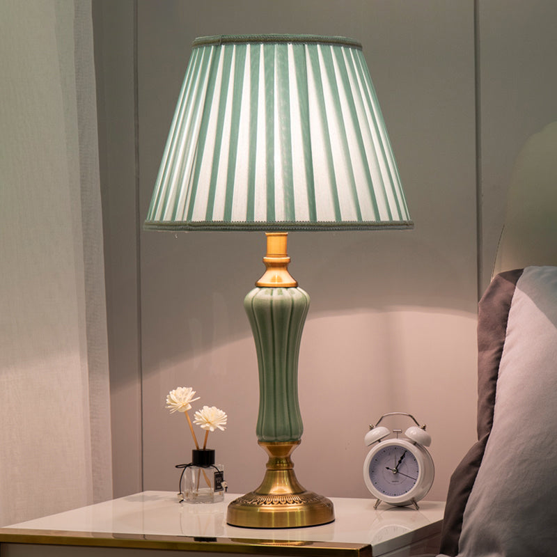 Modern 1-Bulb Green Nightstand Lamp With Empire Shade And Fabric Border Light / Lace