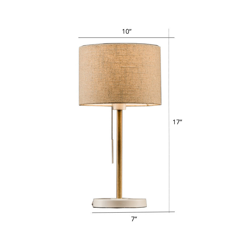 Postmodern Drum Fabric Table Light: 1-Head Beige Nightstand Lamp With Pulling Chain