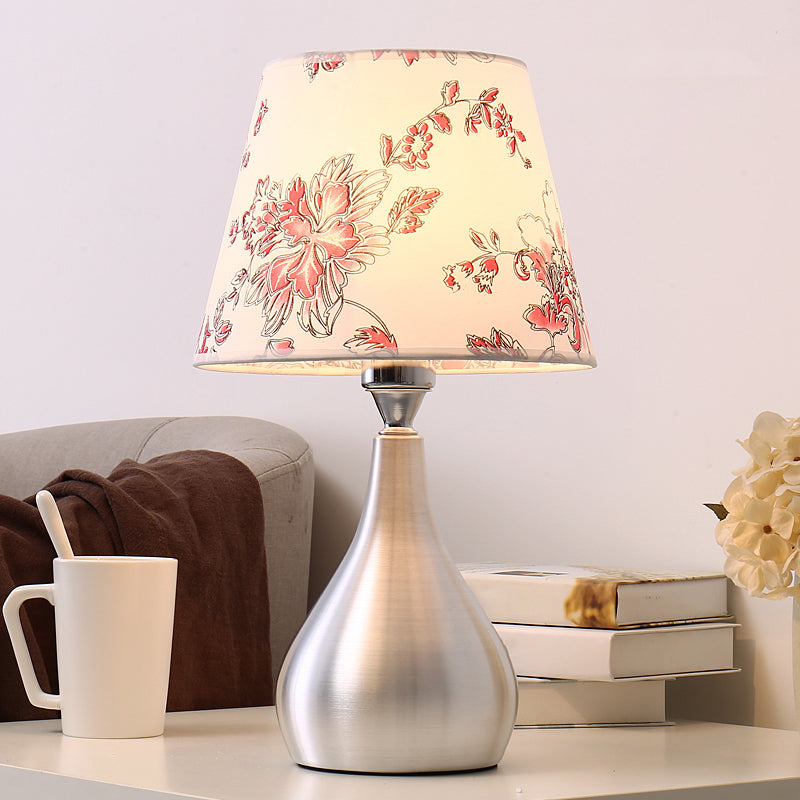 Modern Silver Drop Table Lamp: 1-Light Aluminum Night Light With Cone Fabric Shade / Flower Shape