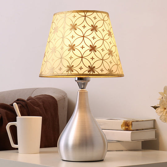 Modern Silver Drop Table Lamp: 1-Light Aluminum Night Light With Cone Fabric Shade / Round