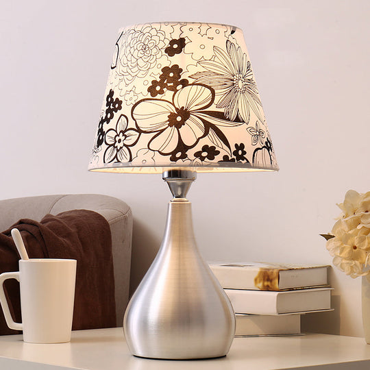 Modern Silver Drop Table Lamp: 1-Light Aluminum Night Light With Cone Fabric Shade / Colorful Flower