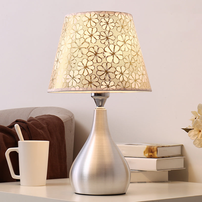 Modern Silver Drop Table Lamp: 1-Light Aluminum Night Light With Cone Fabric Shade / Four-Leaf