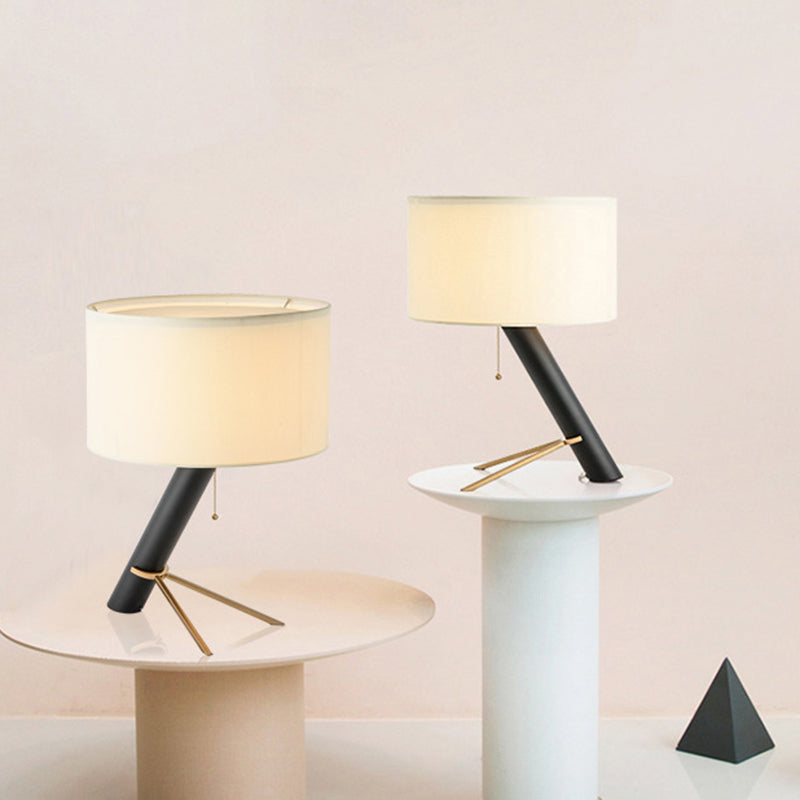 Minimalist Tripod Night Light Metal Table Lamp - Black Pull-Chain Round Fabric Shade