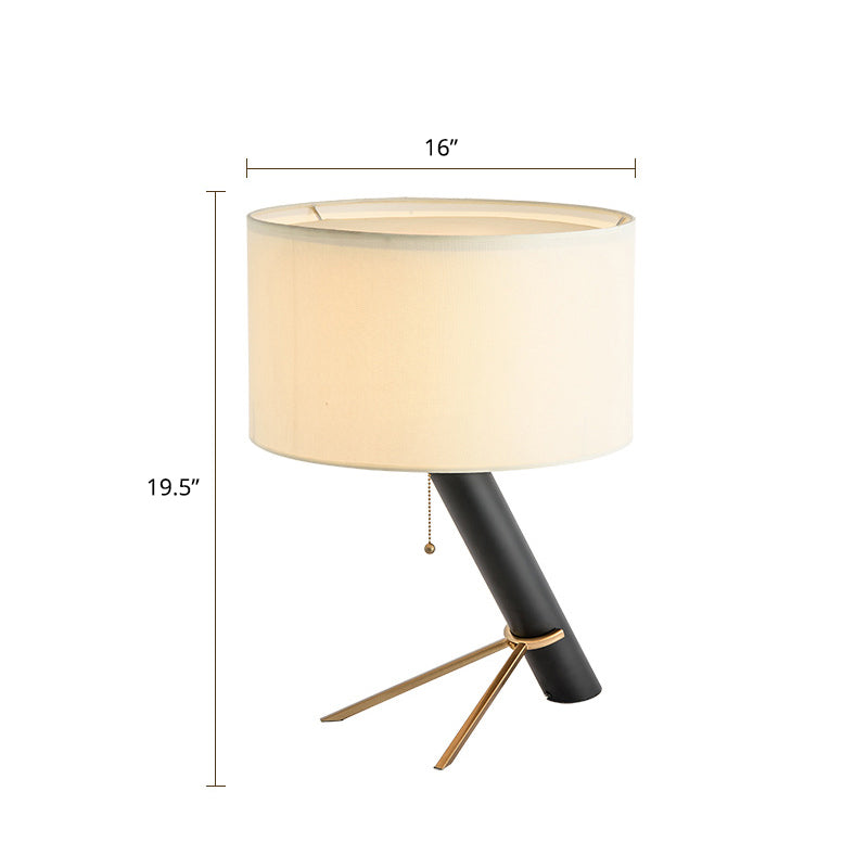 Minimalist Tripod Night Light Metal Table Lamp - Black Pull-Chain Round Fabric Shade