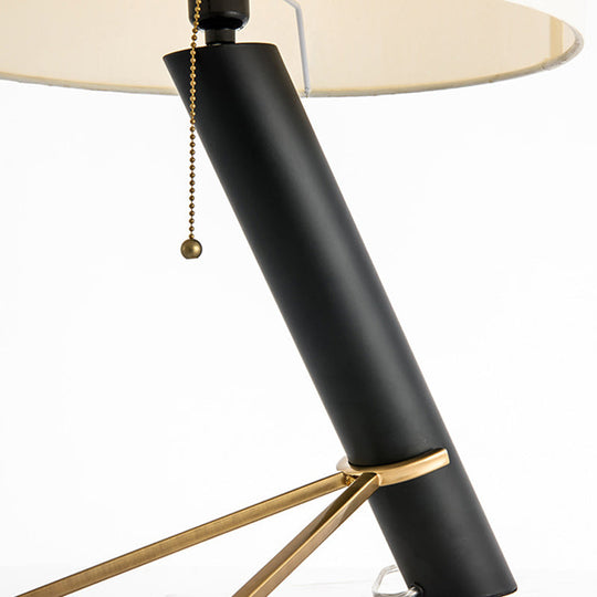 Minimalist Tripod Night Light Metal Table Lamp - Black Pull-Chain Round Fabric Shade