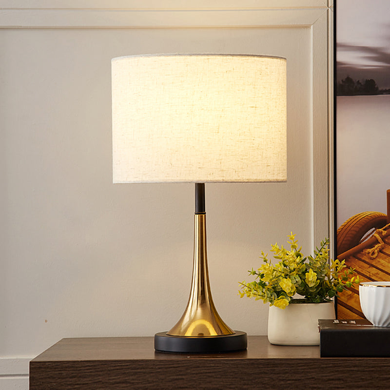 Simplicity 1-Light White Table Lamp With Fabric Shade And Brass-Black Base / Small Drum