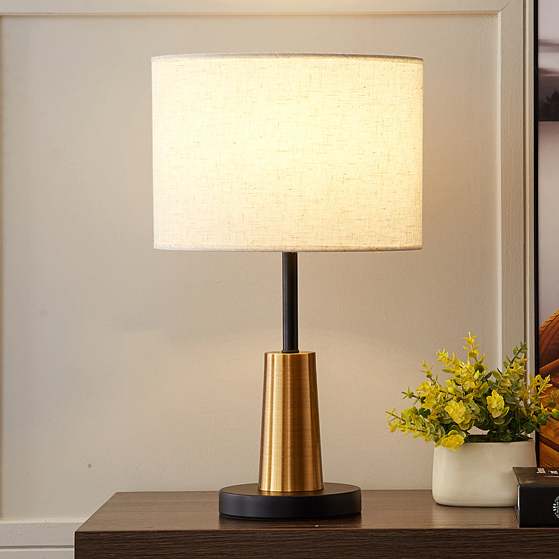 Simplicity 1-Light White Table Lamp With Fabric Shade And Brass-Black Base / Large Cylinder