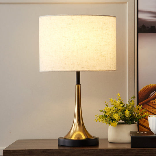 Simplicity 1-Light White Table Lamp With Fabric Shade And Brass-Black Base / Large Drum