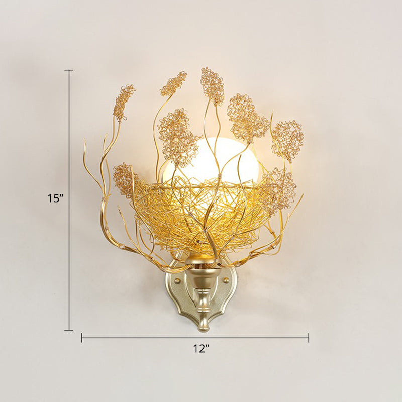 White Glass Egg Shaped Wall Lamp - Bedroom Sconce Light With Gold Aluminum Wire Nest / Warm Regular