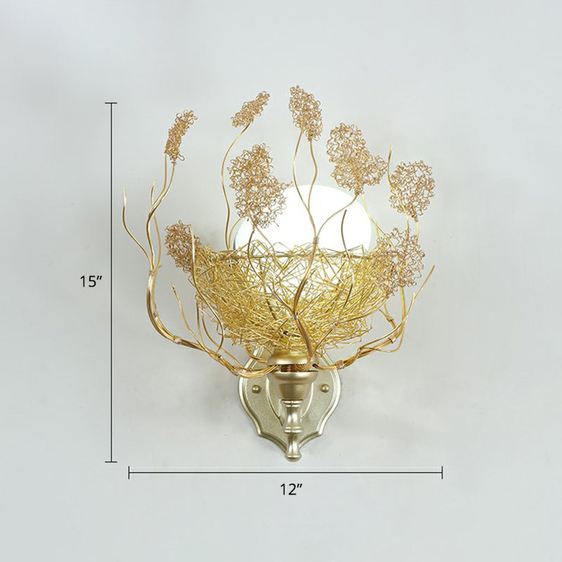 White Glass Egg Shaped Wall Lamp - Bedroom Sconce Light With Gold Aluminum Wire Nest / Regular