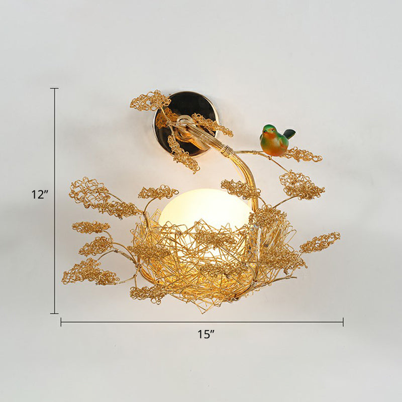 White Glass Egg Shaped Wall Lamp - Bedroom Sconce Light With Gold Aluminum Wire Nest / Warm Bird