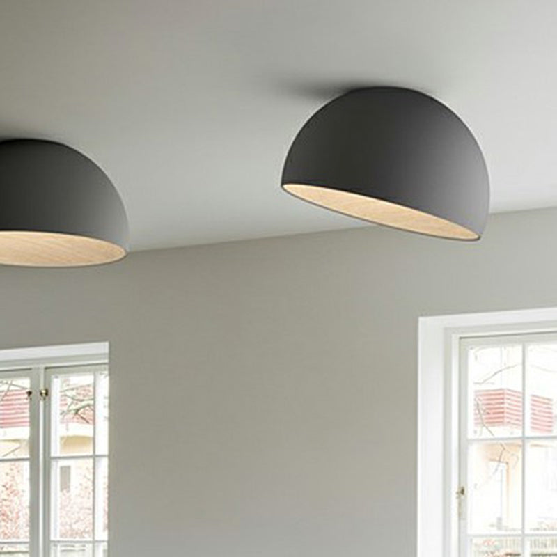Modern Led Ceiling Light: Dome Flush Mount Lamp With Wood Grain Inner Black / 14