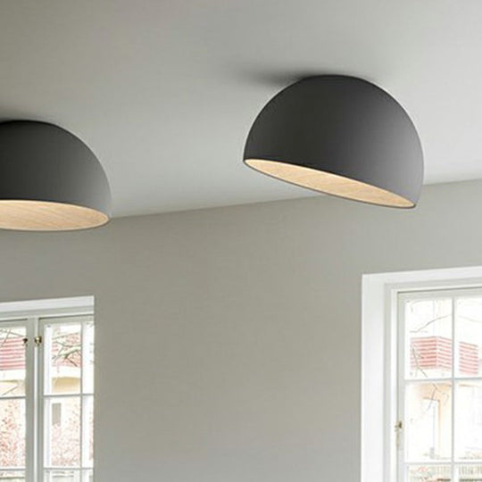 Modern Led Ceiling Light: Dome Flush Mount Lamp With Wood Grain Inner Black / 14