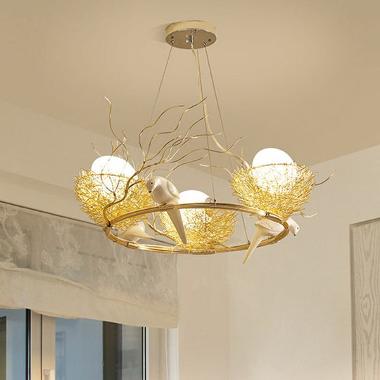 Gold Aluminum Pendant Light with Artistic Bird Nest and Egg Design for Dining Room