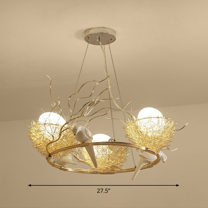 Gold Aluminum Bird Nest & Egg Chandelier Pendant Light For Artistic Dining Room Décor