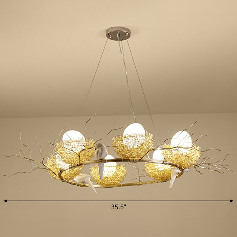 Gold Aluminum Pendant Light with Artistic Bird Nest and Egg Design for Dining Room