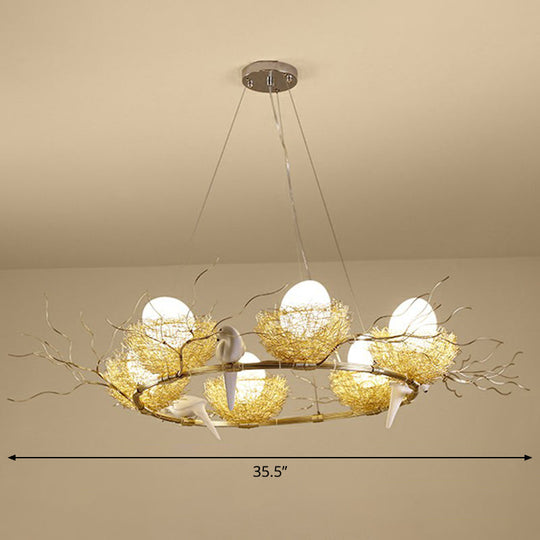 Gold Aluminum Bird Nest & Egg Chandelier Pendant Light For Artistic Dining Room Décor