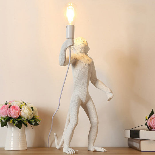 Monkey Resin Night Light Decorative Table Lamp With Naked Bulb Design White / Standing