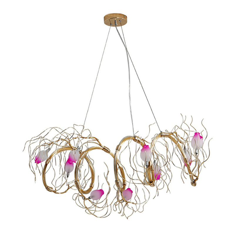 Nordic Glass Rose Pendant Chandelier With Gold Branch - 8-Light For Dining Room