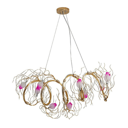 Nordic Glass Rose Pendant Chandelier With Gold Branch - 8-Light For Dining Room