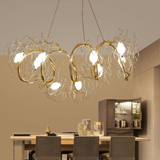 Nordic 8-Light Chandelier with Gold Branch and Glass Rose Pendant for Dining Room