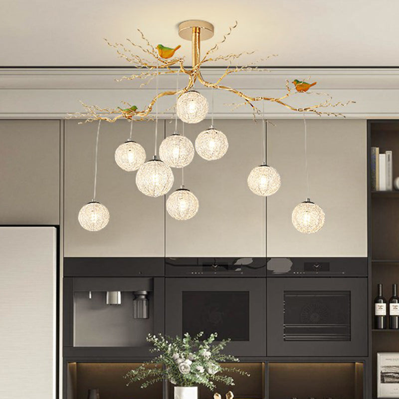 Led Chandelier - Stylish Aluminum Wire Gold Hanging Lamp With Bird Decor