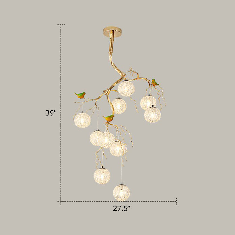 LED Ball Tree Chandelier: Artistic Gold Hanging Lamp with Bird Decor, Aluminum Wire