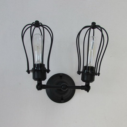 Black Metal Cage Wall Mount Light With Pivot Joint - Industrial Bedroom Sconce Lamp