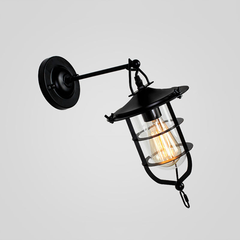 Industrial Metal Wire Cage Wall Sconce With Clear Glass Shade - Black Single Light Fixture