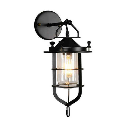 Industrial Metal Wire Cage Wall Sconce With Clear Glass Shade - Black Single Light Fixture