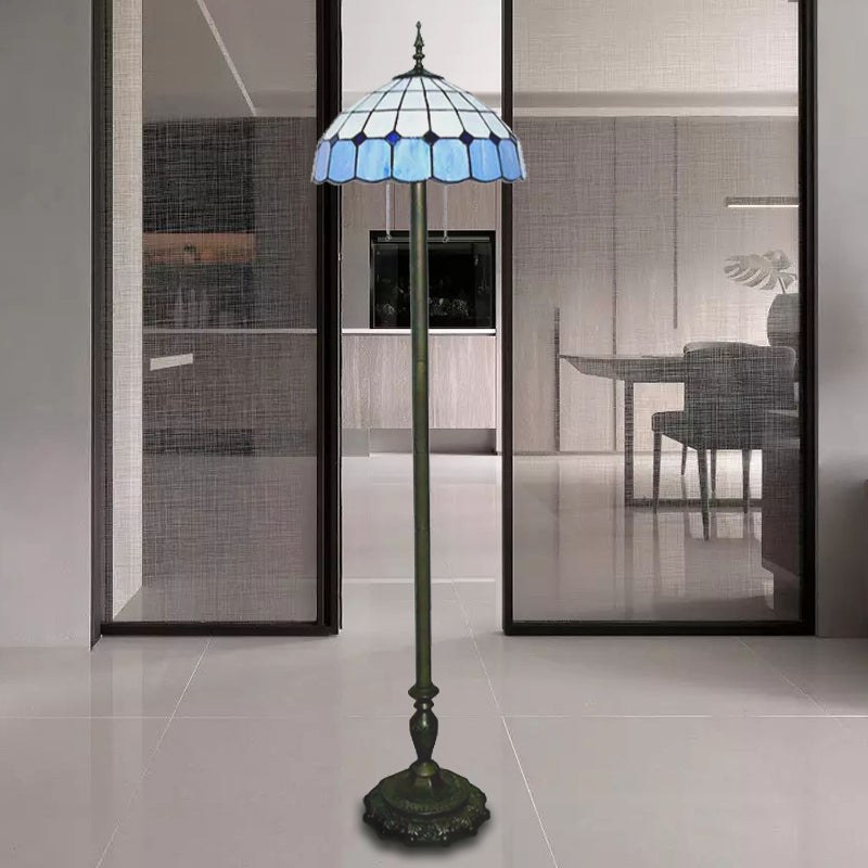 Stylish Grid Dome Standing Floor Lamp - Tiffany Glass Blue Light For Living Room