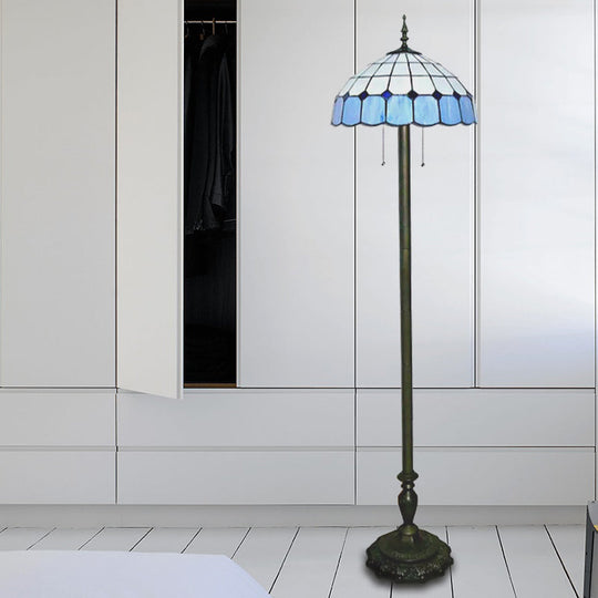 Stylish Grid Dome Standing Floor Lamp - Tiffany Glass Blue Light For Living Room