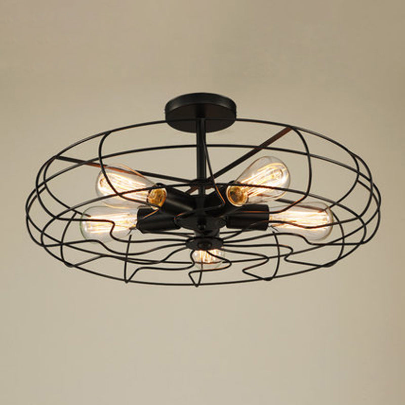 Iron Wire 5-Head Bedroom Chandelier Light - Industrial Round Suspension Lamp In Black