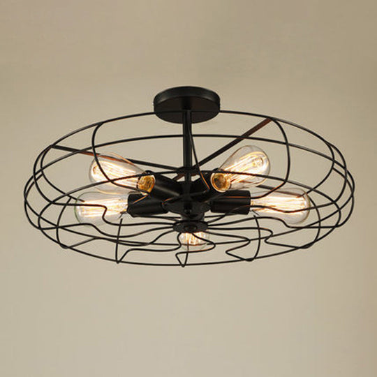 Iron Wire 5-Head Bedroom Chandelier Light - Industrial Round Suspension Lamp In Black