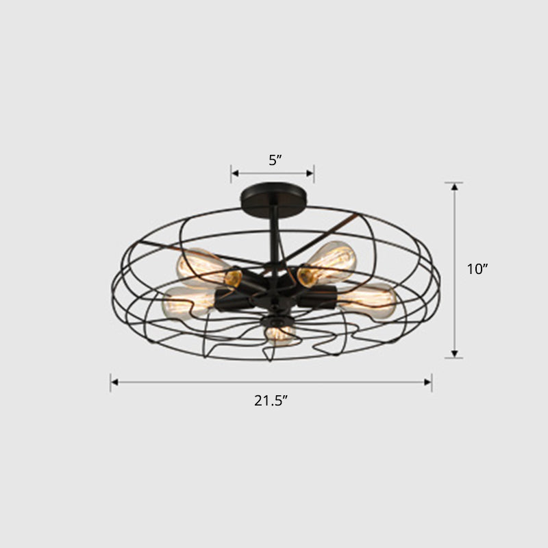 Black Industrial 5-Head Suspension Lamp for Bedroom - Iron Wire Round Chandelier Light