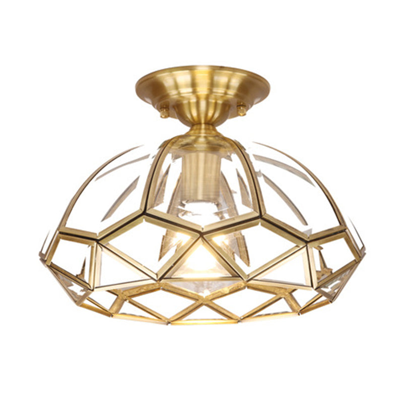 Geometric Ceiling Lamp: Colonial Style 1 Bulb Brass Frame Transparent Glass
