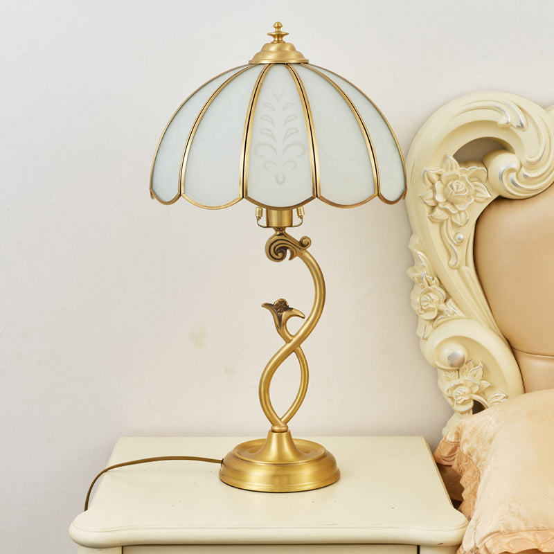 Umbrella Shaped Traditional Brass Nightstand Lamp - Cream Glass Single Table Light
