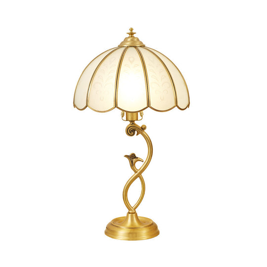 Umbrella Shaped Traditional Brass Nightstand Lamp - Cream Glass Single Table Light