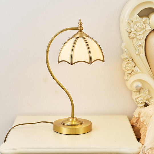 Vintage Brass Gooseneck Table Light With Scalloped White Glass Shade - Bedroom Nightlight