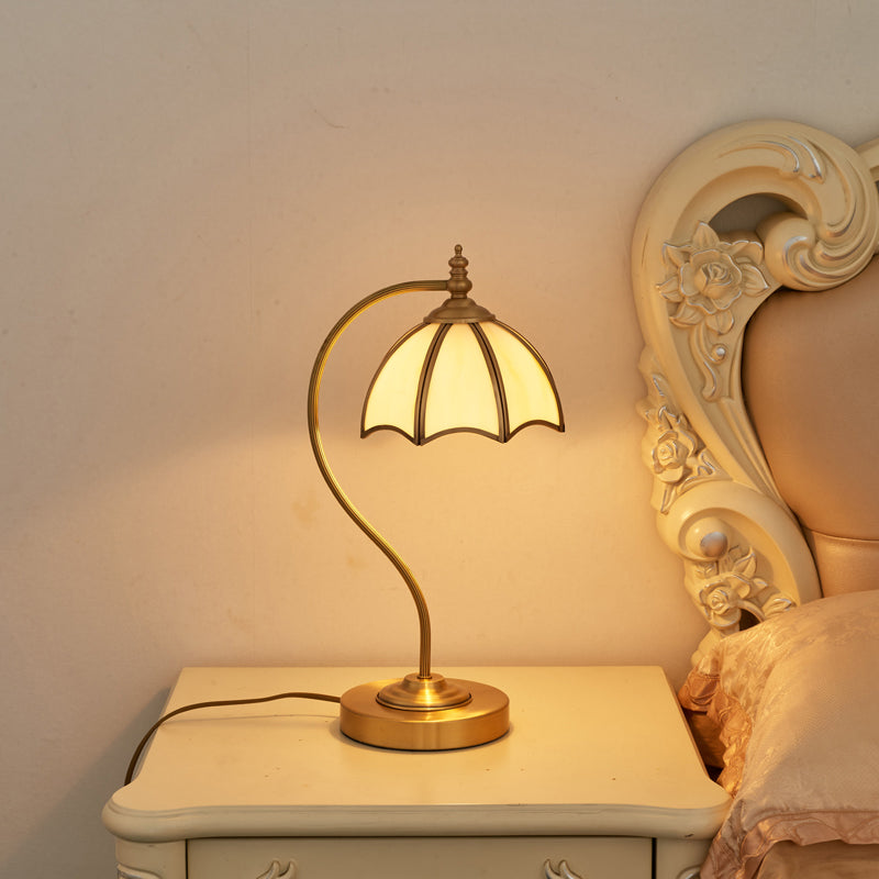 Vintage Brass Gooseneck Table Light With Scalloped White Glass Shade - Bedroom Nightlight