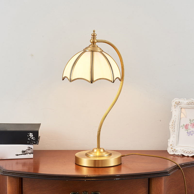 Vintage Brass Gooseneck Table Light With Scalloped White Glass Shade - Bedroom Nightlight