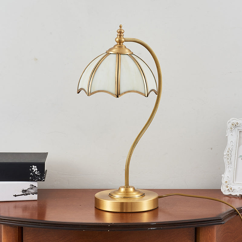 Vintage Brass Gooseneck Table Light With Scalloped White Glass Shade - Bedroom Nightlight